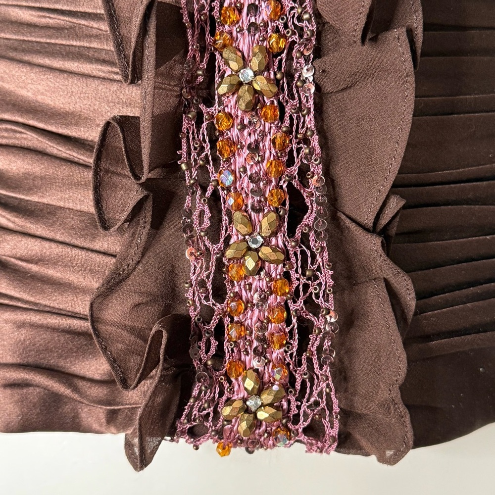 KAY UNGER Brown Ruched 100% Silk Bustier Corset Embellished Ruffle Size 4 - Picture 7 of 16